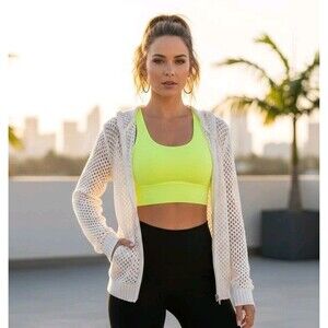 FABLETICS White Open Knit Crochet Zip Up Hoodie Cardigan Small Boho Coastal Chic